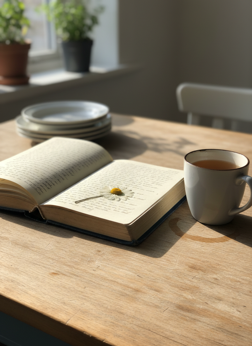 A well-worn hardcover journal with a deep navy fabric cover rests open on a simple wooden kitchen table, its cream pages filled with neat, slightly faded handwriting and a pressed white daisy between the pages. A lukewarm cup of tea in a pale grey ceramic mug sits nearby, a faint ring on the tabletop beneath it. Soft morning light filters through an unseen window, casting gentle shadows and a quiet glow over the scene. Photographic realism with a calm, contemplative mood, shot at eye level with a shallow depth of field, keeping the open journal in sharp focus while the background fades into a soft, homely blur.