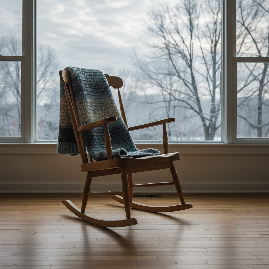 A single unoccupied rocking chair carved from warm, honey-colored wood sits near a large window in a modest living room, draped with a folded, hand-knit blanket in muted blues and greys. Outside the slightly fogged glass, bare winter trees stand against an overcast sky. Diffused afternoon light seeps in, wrapping the chair in a soft, melancholic glow and creating long, gentle shadows on the worn wooden floor. Captured in photographic realism from a slightly low angle, using rule-of-thirds composition to emphasize the empty space around the chair, the atmosphere feels tender, reflective, and quietly sorrowful.